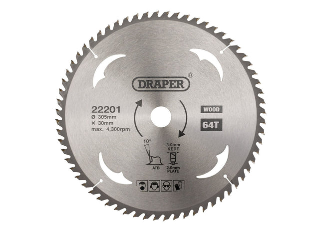 Draper TCT Circular Saw Blade for Wood, 305 x 30mm, 64T 22201 Draper - Town Tools