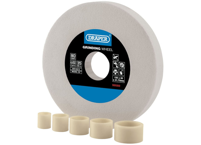 Draper Aluminium Oxide Bench Grinding Wheel, 150 x 20mm, 80 Grit, White 99569 Draper - Town Tools