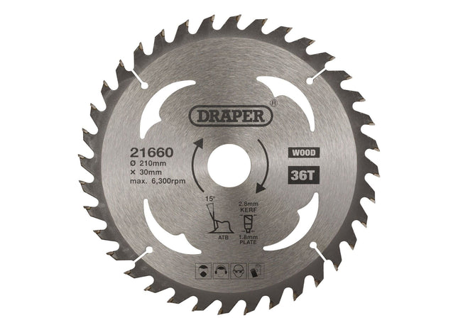 Draper TCT Circular Saw Blade for Wood, 210 x 30mm, 36T 21660 Draper - Town Tools