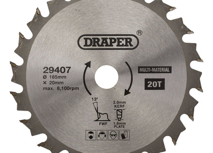 Draper TCT Multi-Purpose Circular Saw Blade, 165 x 20mm, 20T 29407 Draper - Town Tools