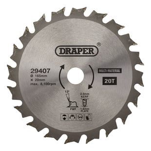 Draper TCT Multi-Purpose Circular Saw Blade, 165 x 20mm, 20T 29407 Draper - Town Tools
