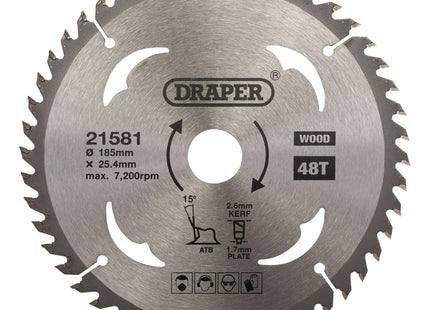 Draper TCT Circular Saw Blade for Wood, 185 x 25.4mm, 48T 21581 Draper - Town Tools