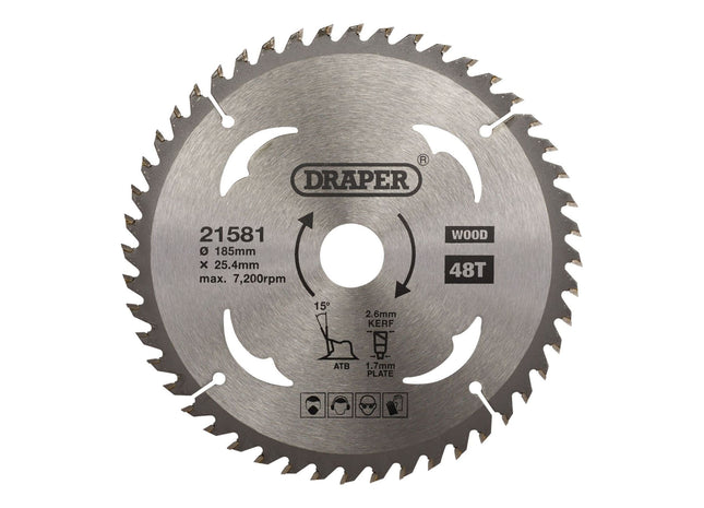 Draper TCT Circular Saw Blade for Wood, 185 x 25.4mm, 48T 21581 Draper - Town Tools
