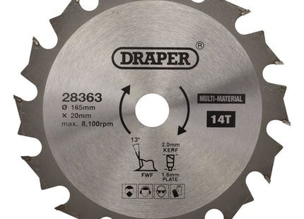 Draper TCT Multi-Purpose Circular Saw Blade, 165 x 20mm, 14T 28363 Draper - Town Tools