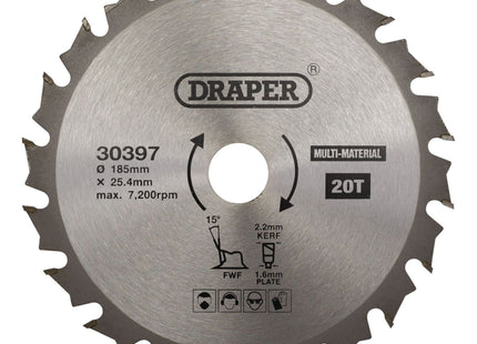 Draper TCT Multi-Purpose Circular Saw Blade, 185 x 25.4mm, 20T 30397 Draper - Town Tools