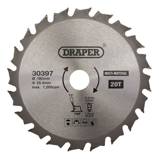 Draper TCT Multi-Purpose Circular Saw Blade, 185 x 25.4mm, 20T 30397 Draper - Town Tools
