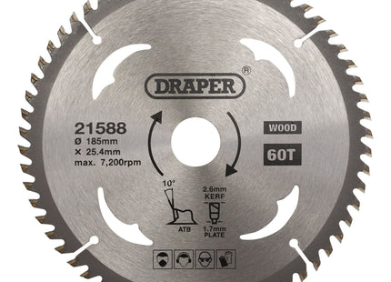 Draper TCT Circular Saw Blade for Wood, 185 x 25.4mm, 60T 21588 Draper - Town Tools