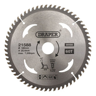 Draper TCT Circular Saw Blade for Wood, 185 x 25.4mm, 60T 21588 Draper - Town Tools