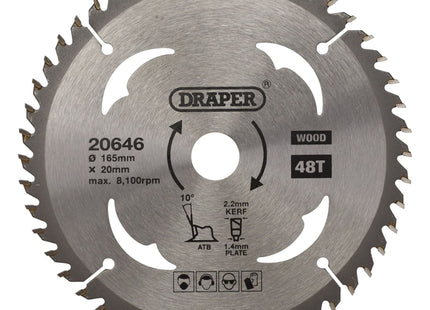 Draper TCT Circular Saw Blade for Wood, 165 x 20mm, 48T 20646 Draper - Town Tools