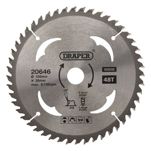 Draper TCT Circular Saw Blade for Wood, 165 x 20mm, 48T 20646 Draper - Town Tools