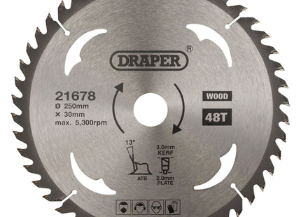 Draper TCT Circular Saw Blade for Wood, 250 x 30mm, 48T 21678 Draper - Town Tools