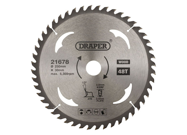 Draper TCT Circular Saw Blade for Wood, 250 x 30mm, 48T 21678 Draper - Town Tools