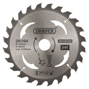 Draper TCT Construction Circular Saw Blade, 216 x 30mm, 24T 26194 Draper - Town Tools