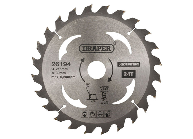 Draper TCT Construction Circular Saw Blade, 216 x 30mm, 24T 26194 Draper - Town Tools