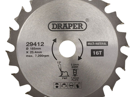Draper TCT Multi-Purpose Circular Saw Blade, 185 x 25.4mm, 16T 29412 Draper - Town Tools