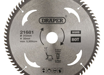 Draper TCT Circular Saw Blade for Wood, 250 x 30mm, 80T 21681 Draper - Town Tools