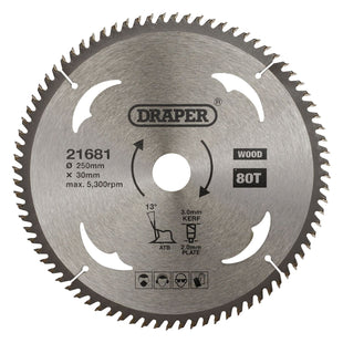 Draper TCT Circular Saw Blade for Wood, 250 x 30mm, 80T 21681 Draper - Town Tools