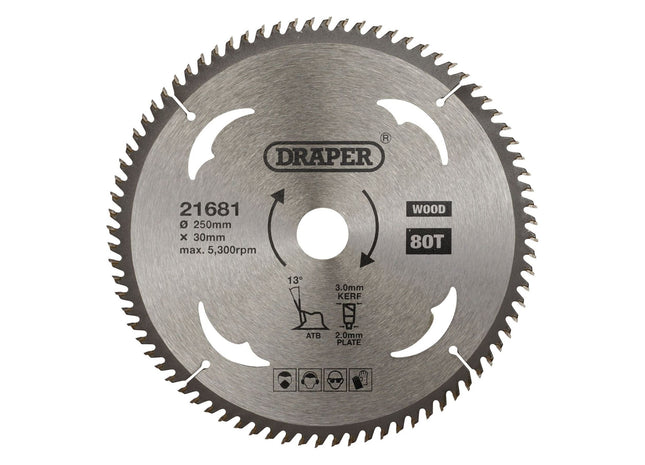 Draper TCT Circular Saw Blade for Wood, 250 x 30mm, 80T 21681 Draper - Town Tools