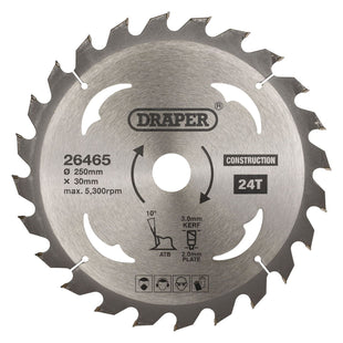 Draper TCT Construction Circular Saw Blade, 250 x 30mm, 24T 26465 Draper - Town Tools