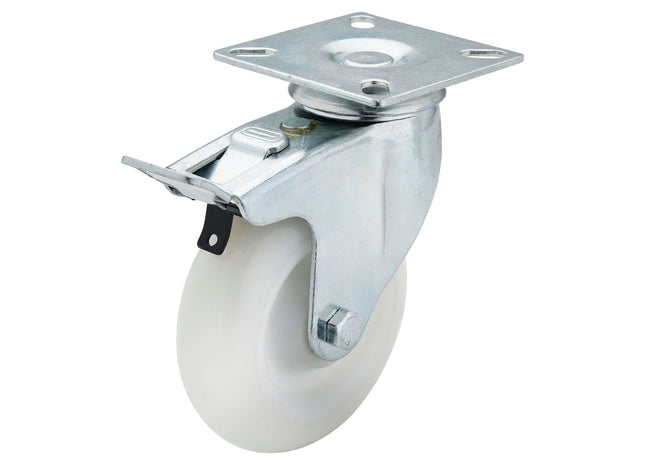 Draper Swivel Plate Fixing Nylon Wheel with Brake, 100mm Diameter, S.W.L. 125kg Draper - Town Tools