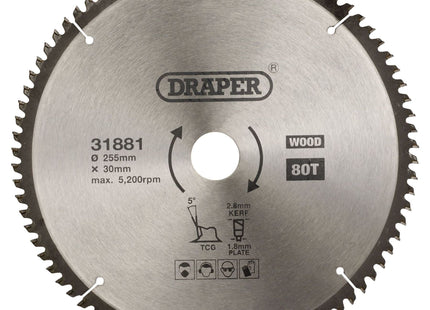 Draper TCT Triple Chip Grind Circular Saw Blade, 255 x 30mm, 80T 31881 Draper - Town Tools