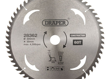 Draper TCT Construction Circular Saw Blade, 305 x 30mm, 60T 28362 Draper - Town Tools