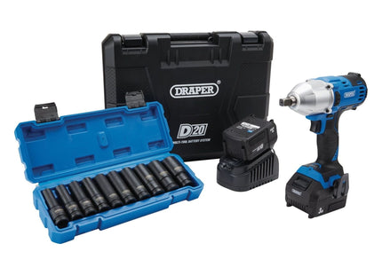 Draper D20 20V Brushless Mid-Torque Impact Wrench Kit, 1/2" Sq. Dr. & Metric Dee Draper - Town Tools