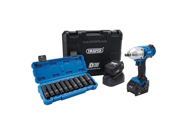Draper D20 20V Brushless Mid-Torque Impact Wrench Kit, 1/2" Sq. Dr. & Metric Dee Draper - Town Tools