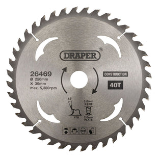 Draper TCT Construction Circular Saw Blade, 250 x 30mm, 40T 26469 Draper - Town Tools