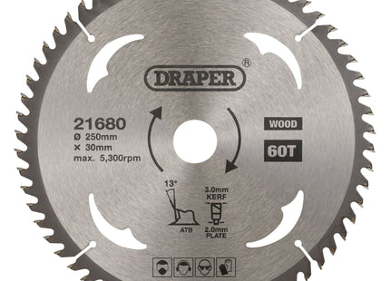 Draper TCT Circular Saw Blade for Wood, 250 x 30mm, 60T 21680 Draper - Town Tools