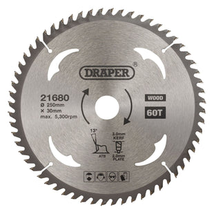 Draper TCT Circular Saw Blade for Wood, 250 x 30mm, 60T 21680 Draper - Town Tools