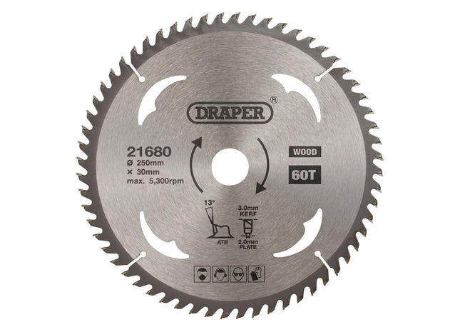 Draper TCT Circular Saw Blade for Wood, 250 x 30mm, 60T 21680 Draper - Town Tools