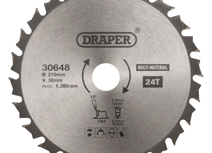 Draper TCT Multi-Purpose Circular Saw Blade, 210 x 30mm, 24T 30648 Draper - Town Tools