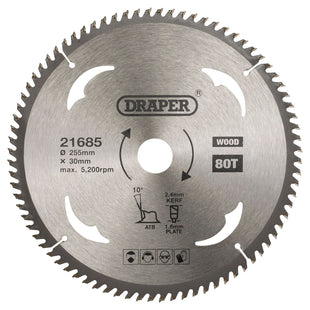 Draper TCT Circular Saw Blade for Wood, 255 x 30mm, 80T 21685 Draper - Town Tools