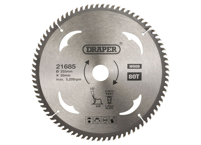 Draper TCT Circular Saw Blade for Wood, 255 x 30mm, 80T 21685 Draper - Town Tools