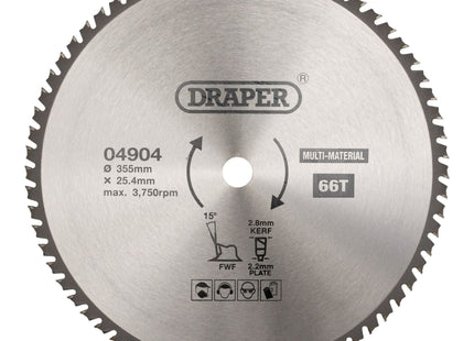 Draper TCT Multi-Purpose Circular Saw Blade, 355 x 25.4mm, 66T 04904 Draper - Town Tools