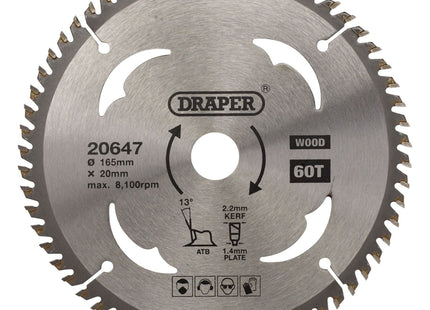 Draper TCT Circular Saw Blade for Wood, 165 x 20mm, 60T 20647 Draper - Town Tools