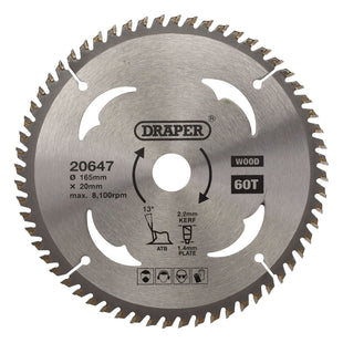 Draper TCT Circular Saw Blade for Wood, 165 x 20mm, 60T 20647 Draper - Town Tools