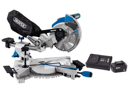 Draper D20 20V Brushless Sliding Compound Mitre Saw, 185mm, 1 x 5.0Ah Battery, 1 Draper - Town Tools