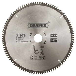 Draper TCT Triple Chip Grind Circular Saw Blade, 255 x 30mm, 100T 31978 Draper - Town Tools