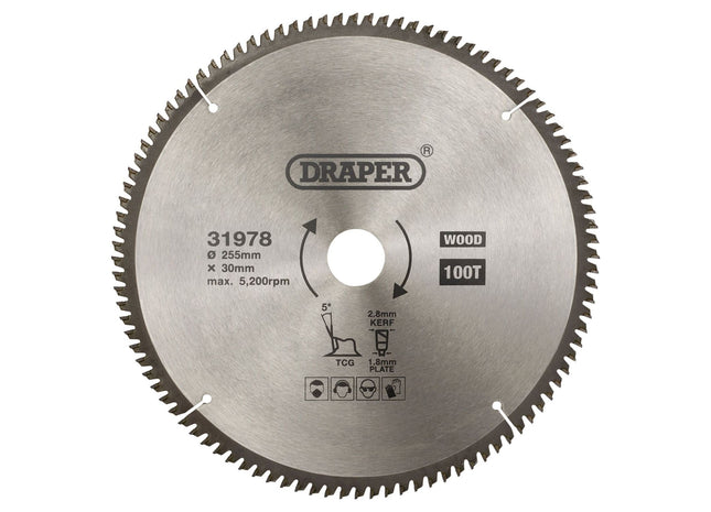 Draper TCT Triple Chip Grind Circular Saw Blade, 255 x 30mm, 100T 31978 Draper - Town Tools