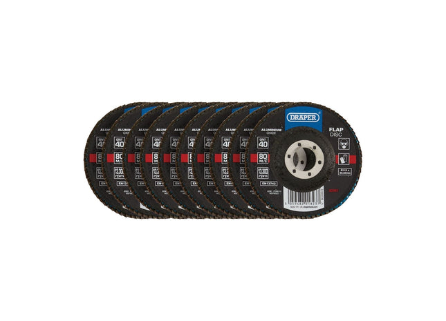 Draper Aluminium Oxide Flap Discs, 115 x 22.23mm, 40 Grit (Pack of 10) 82961 Draper - Town Tools