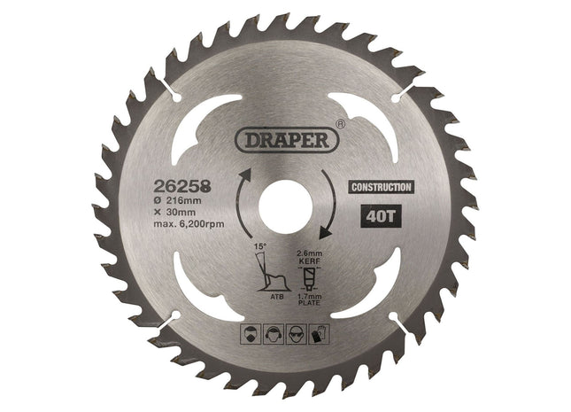 Draper TCT Construction Circular Saw Blade, 216 x 30mm, 40T 26258 Draper - Town Tools