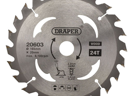 Draper TCT Circular Saw Blade for Wood, 165 x 20mm, 24T 20603 Draper - Town Tools
