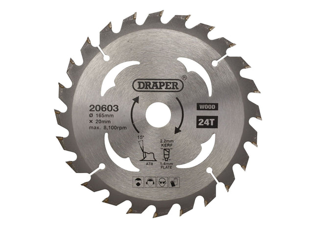 Draper TCT Circular Saw Blade for Wood, 165 x 20mm, 24T 20603 Draper - Town Tools