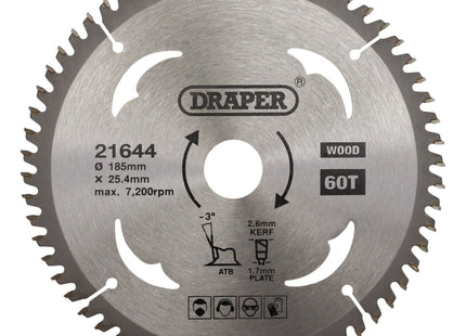 Draper TCT Circular Saw Blade for Laminate & Wood, 185 x 25.4mm, 60T 21644 Draper - Town Tools