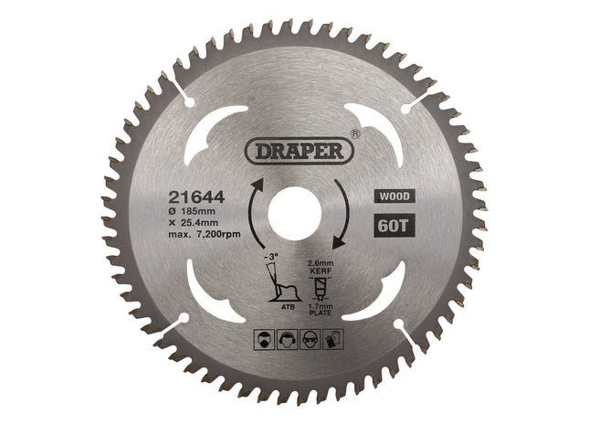 Draper TCT Circular Saw Blade for Laminate & Wood, 185 x 25.4mm, 60T 21644 Draper - Town Tools