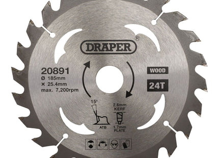 Draper TCT Circular Saw Blade for Wood, 185 x 25.4mm, 24T 20891 Draper - Town Tools