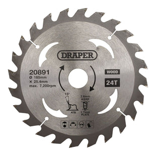 Draper TCT Circular Saw Blade for Wood, 185 x 25.4mm, 24T 20891 Draper - Town Tools