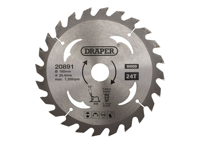 Draper TCT Circular Saw Blade for Wood, 185 x 25.4mm, 24T 20891 Draper - Town Tools